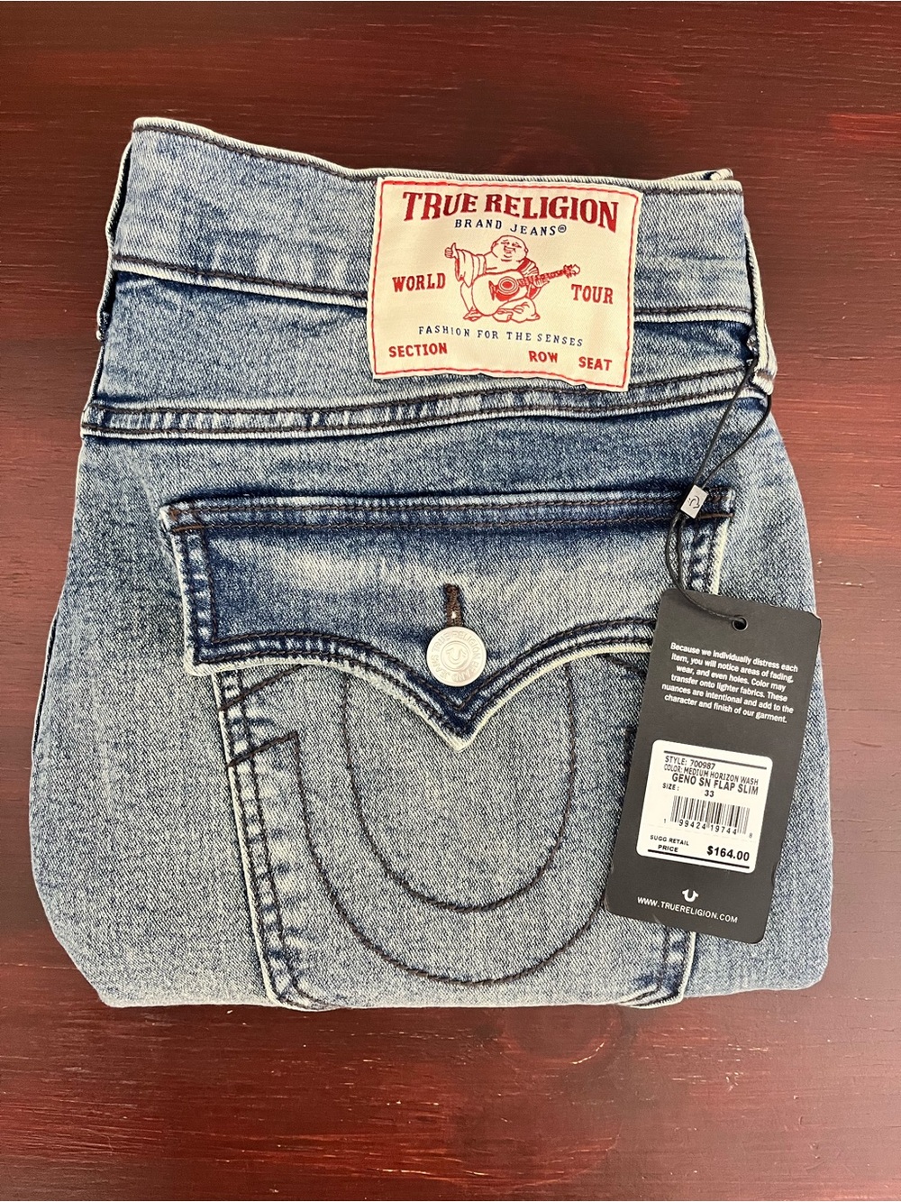 True Religion Geno SN Flap Relaxed Slim Denim Jeans Purple Stitching 33x32 New